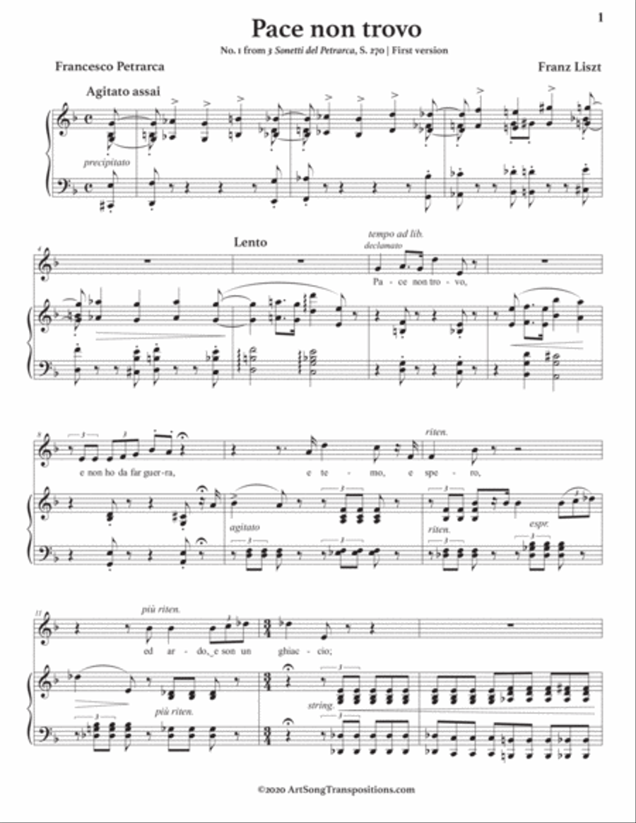 LISZT: Pace non trovo, S. 270 (first version, transposed to F major) Voice scores gallery preview page 2