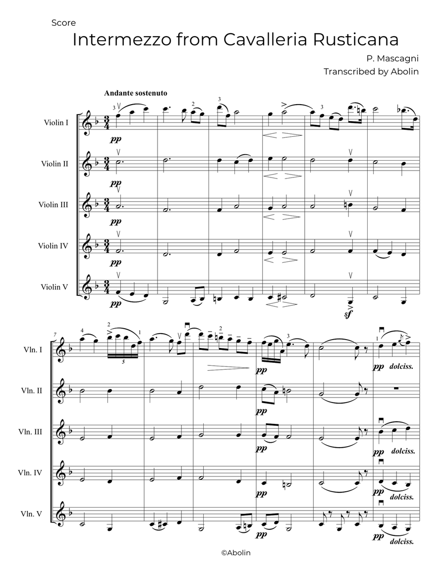 Mascagni: Intermezzo from Cavalleria Rusticana - 5 Violins Chamber Music scores gallery preview page 2