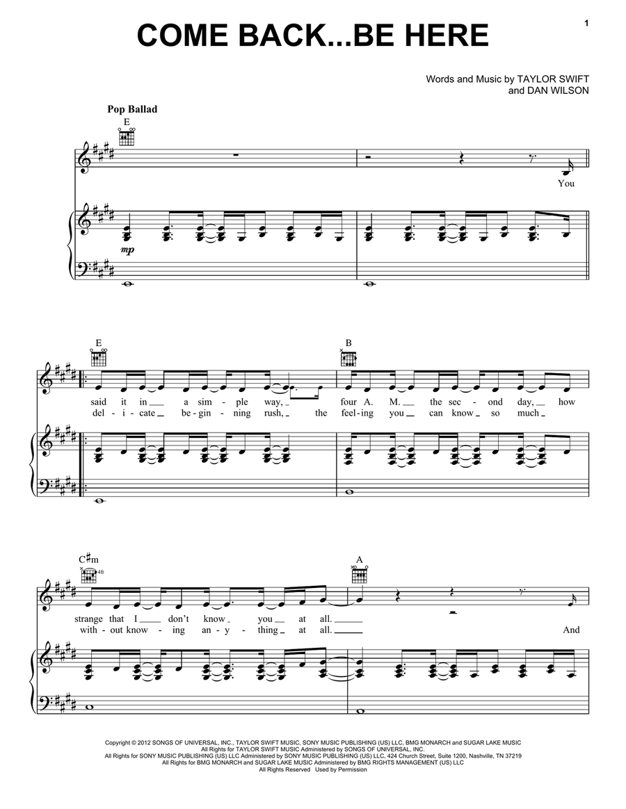 Come Back...Be Here (Taylor's Version) Piano, Vocal, Guitar scores gallery preview page 1