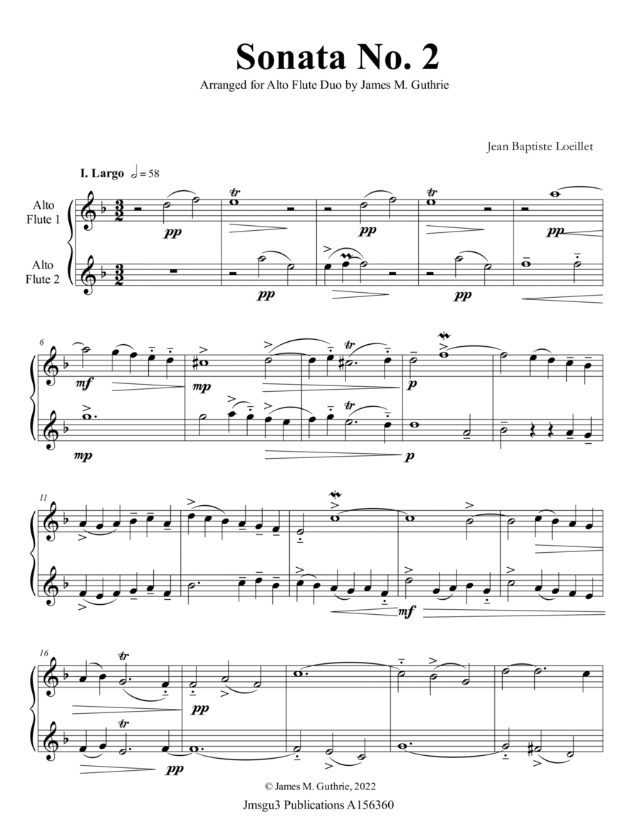 Loeillet: Sonata No. 2 for Alto Flute Duo Flute Duet scores gallery preview page 1