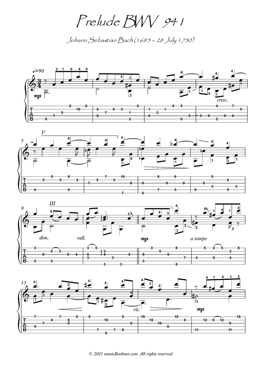 Bach for Guitar Prelude BWV 941 guitar solo Acoustic Guitar scores gallery preview page 1