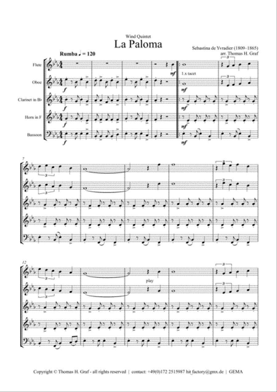 La Paloma - Spanish Habanera - Wind Quintet Woodwind Quintet scores gallery preview page 1