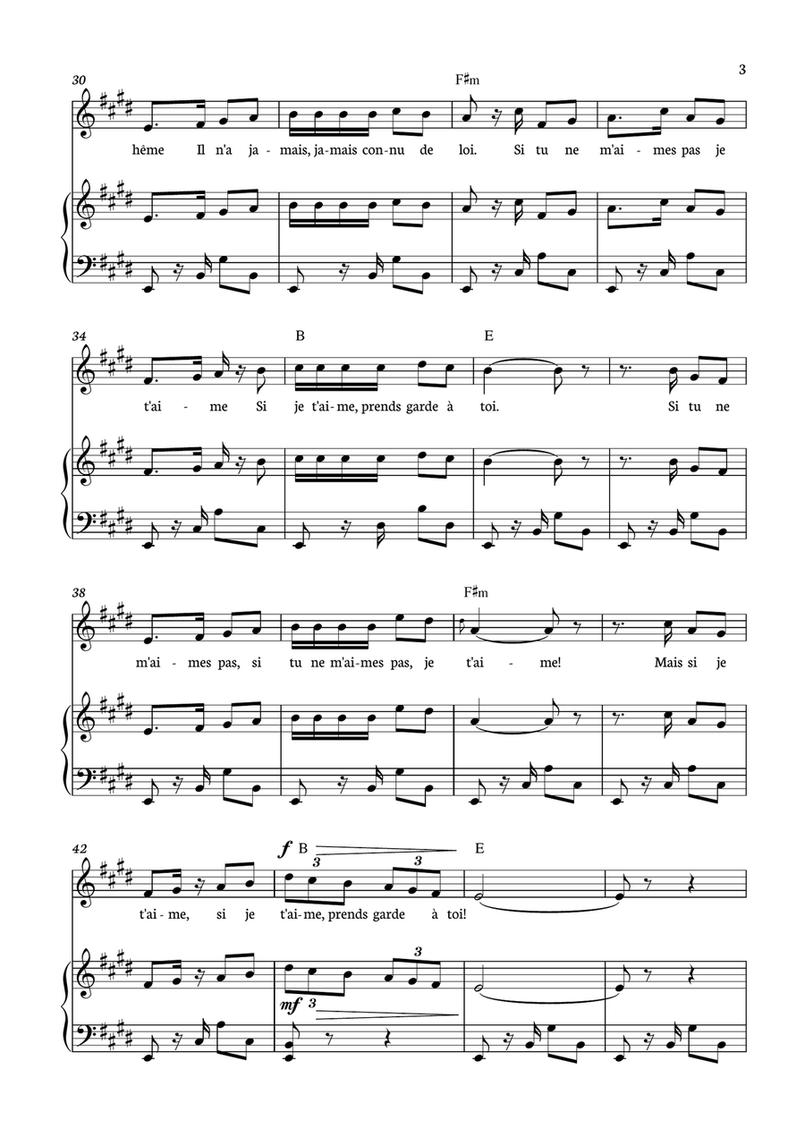 Habanera - Carmen for piano, chords and voice in E minor. Piano, Vocal scores gallery preview page 3