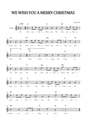 We Wish You a Merry Christmas for flute • easy Christmas sheet music with chords and lyrics