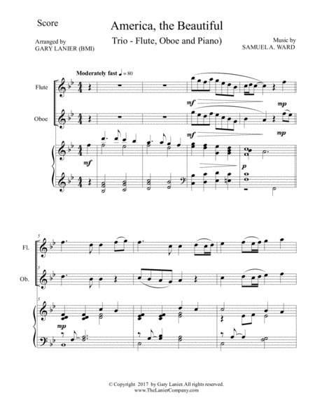 AMERICA, THE BEAUTIFUL (Trio – Flute, Oboe and Piano/Score and Parts) image number null