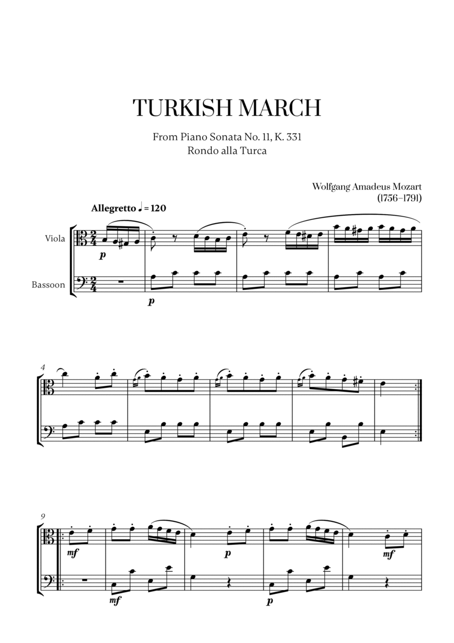 W. A. Mozart - Turkish March (Alla Turca) for Viola and Bassoon Bassoon scores gallery preview page 1