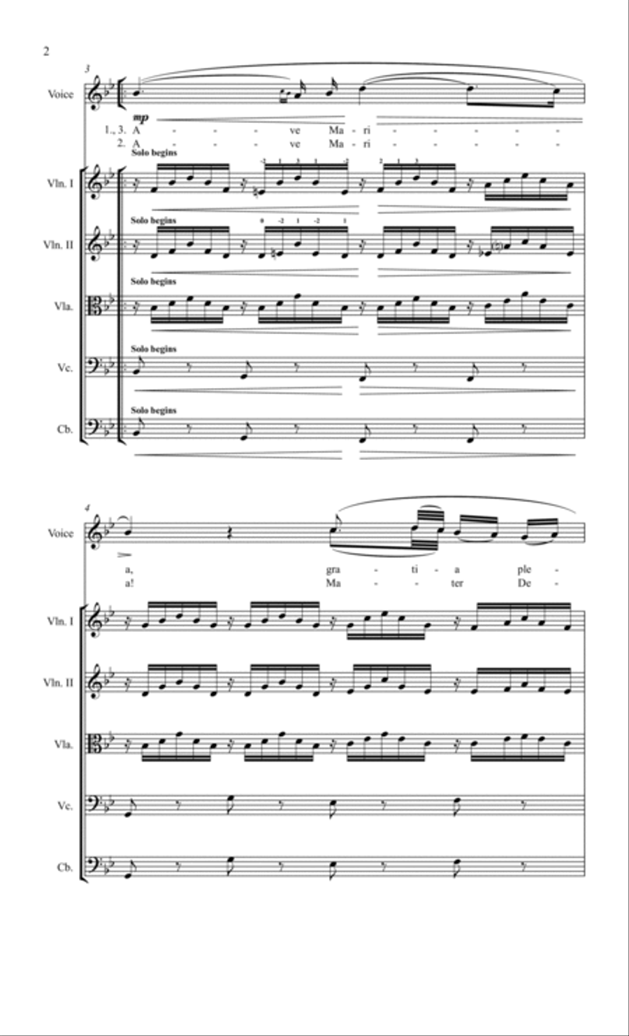 Ave Maria (Schubert) Key of Bb, for Voice with String Orchestra or String Quartet Accompaniment String Quartet scores gallery preview page 2