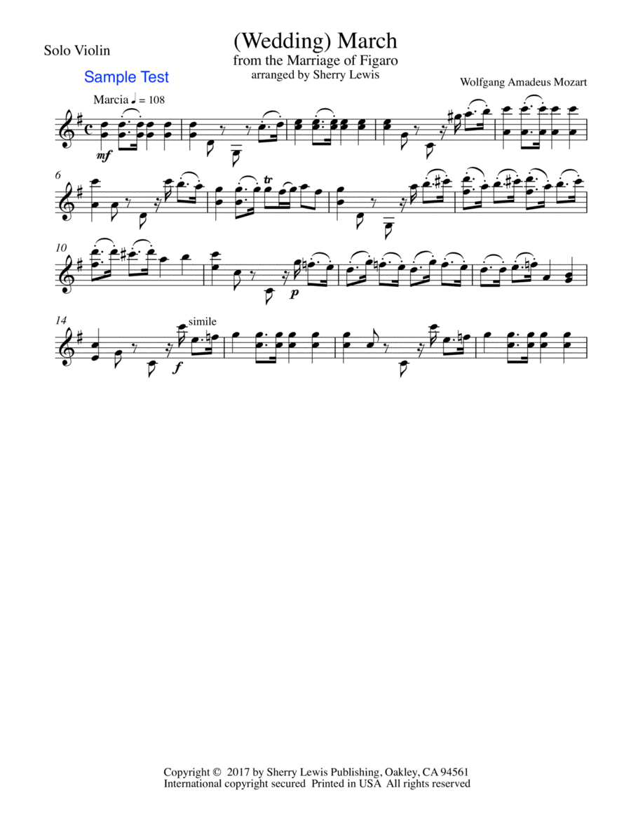 MARCH FROM THE MARRIAGE OF FIGARO, Mozart, Violin Solo, Intermediate Level image number null