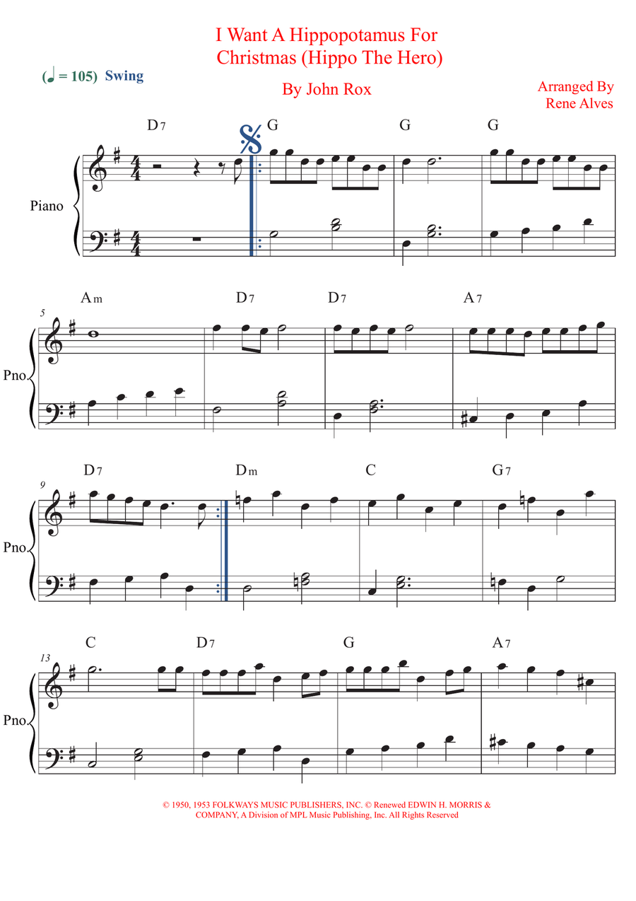 I Want A Hippopotamus For Christmas (Hippo The Hero) Easy Piano scores gallery preview page 1