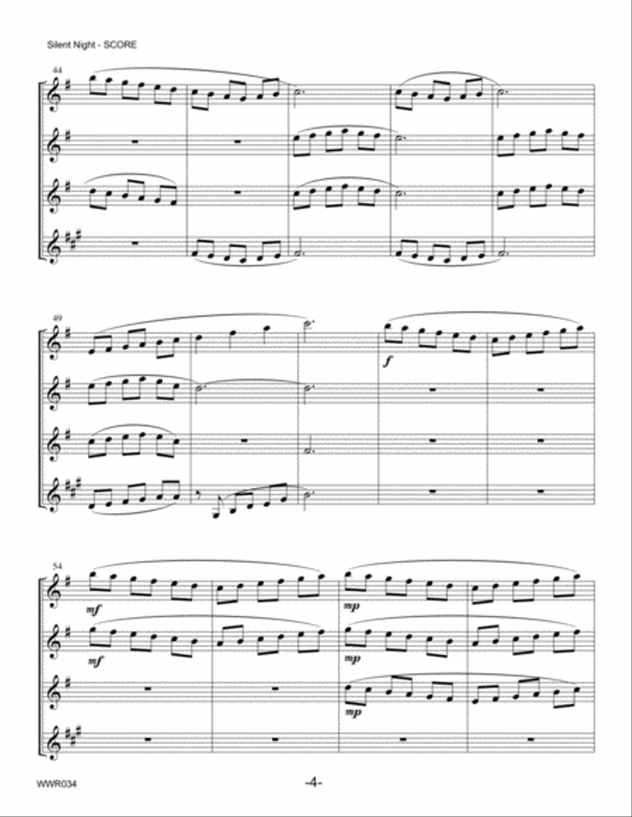 SILENT NIGHT - unaccompanied WOODWIND QUARTET (2 Flutes, Oboe & Clarinet) Woodwind Quartet scores gallery preview page 4