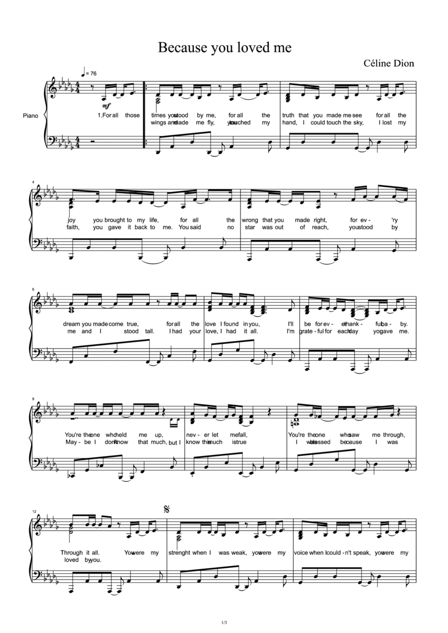 Because You Loved Me Piano Solo scores gallery preview page 1