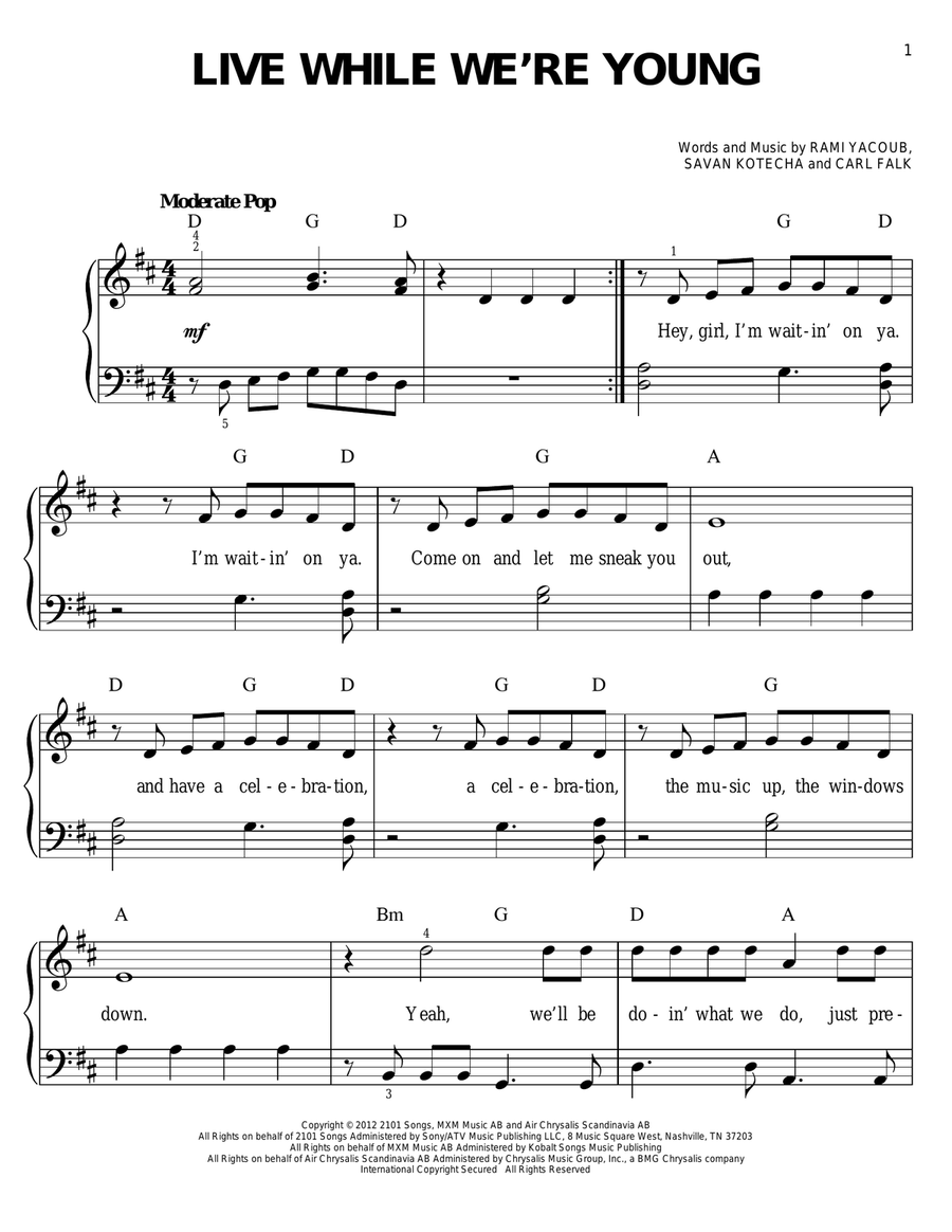 Live While We're Young Easy Piano scores gallery preview page 1