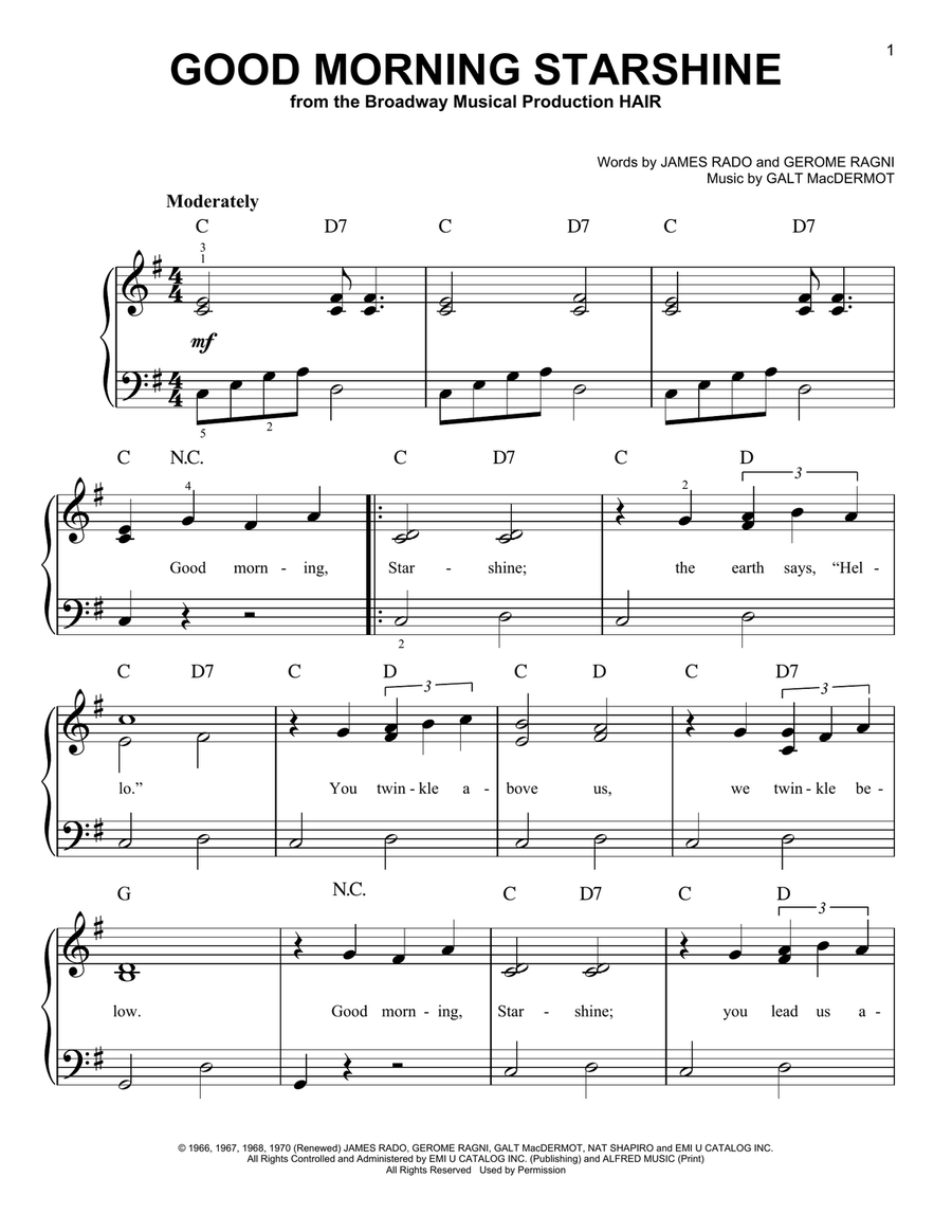 Good Morning Starshine Good Morning Starshine Easy Piano scores gallery preview page 1
