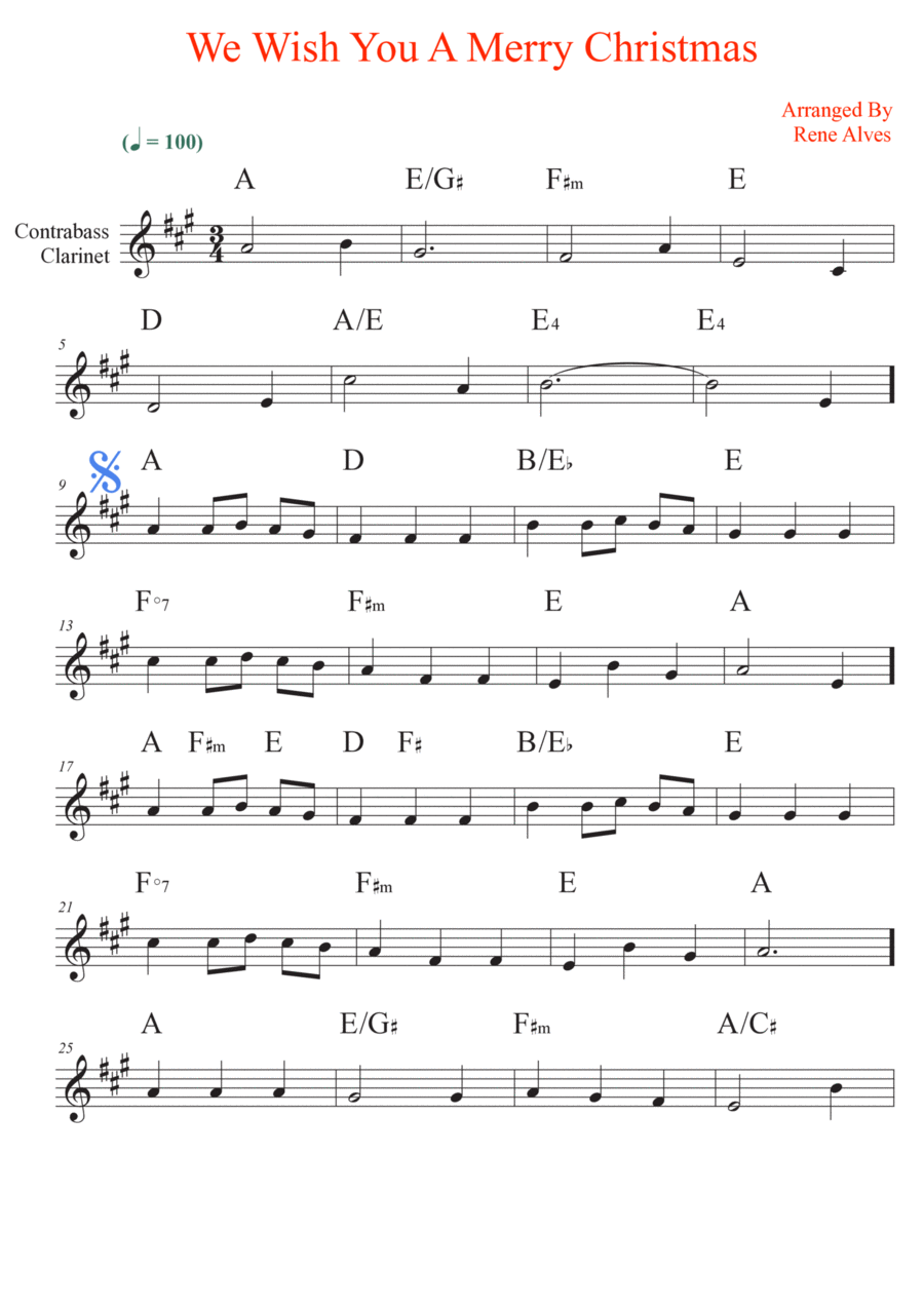 We Wish You A Merry Christmas, score and melody of contrabass clarinet for the beginning musician Bass Clarinet scores gallery preview page 1