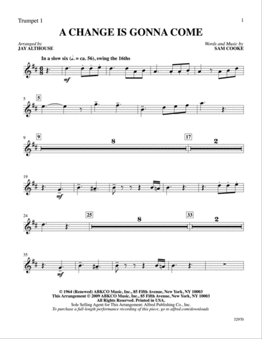 A Change Is Gonna Come: 1st B-flat Trumpet B-Flat Trumpet scores gallery preview page 1