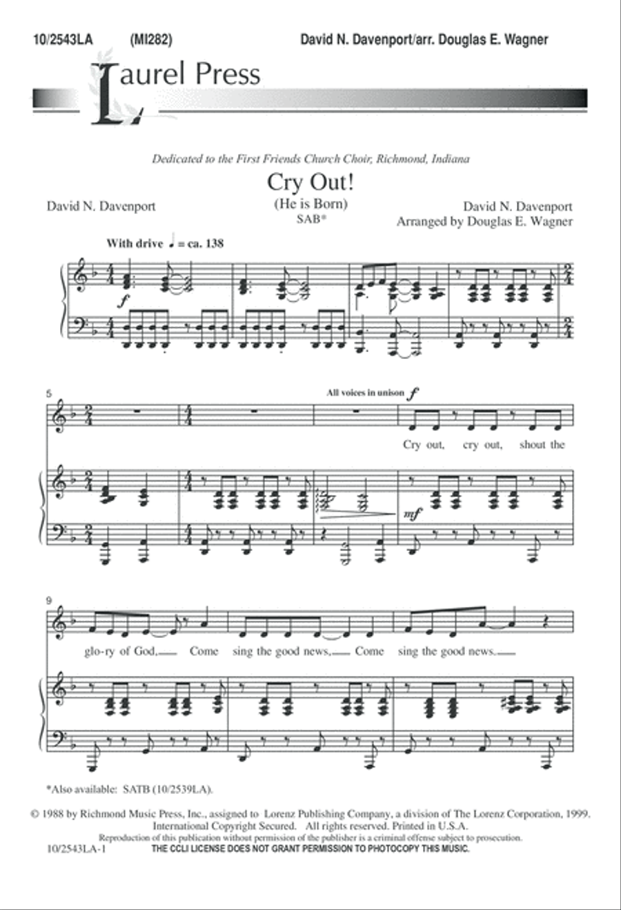 Cry Out 3-Part scores gallery preview page 1