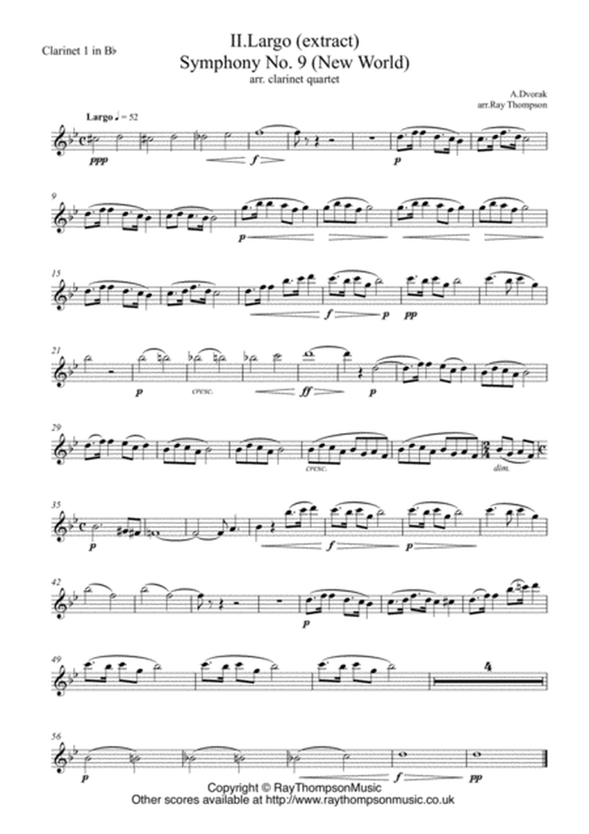 Dvorak: Mvt.II Largo (extract) from Symphony No.9 (New World) Op.95 - clarinet quartet image number null