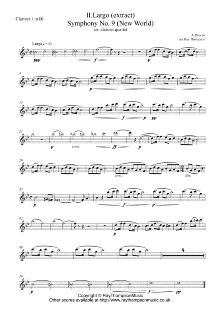 Dvorak: Mvt.II Largo (extract) from Symphony No.9 (New World) Op.95 - clarinet quartet Clarinet Quartet scores gallery preview page 3