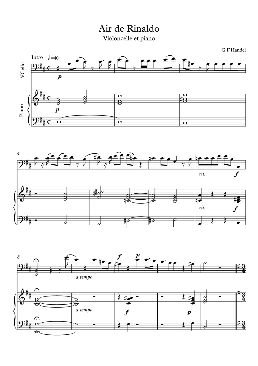 Air de Rinaldo Cello Piano duet Cello Solo scores gallery preview page 1