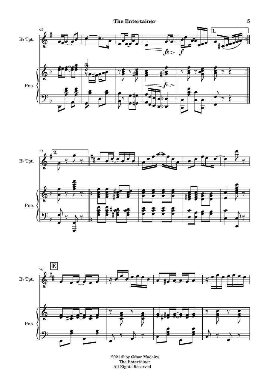 The Entertainer by Joplin - Bb Trumpet and Piano (Full Score and Parts) B-Flat Trumpet scores gallery preview page 6