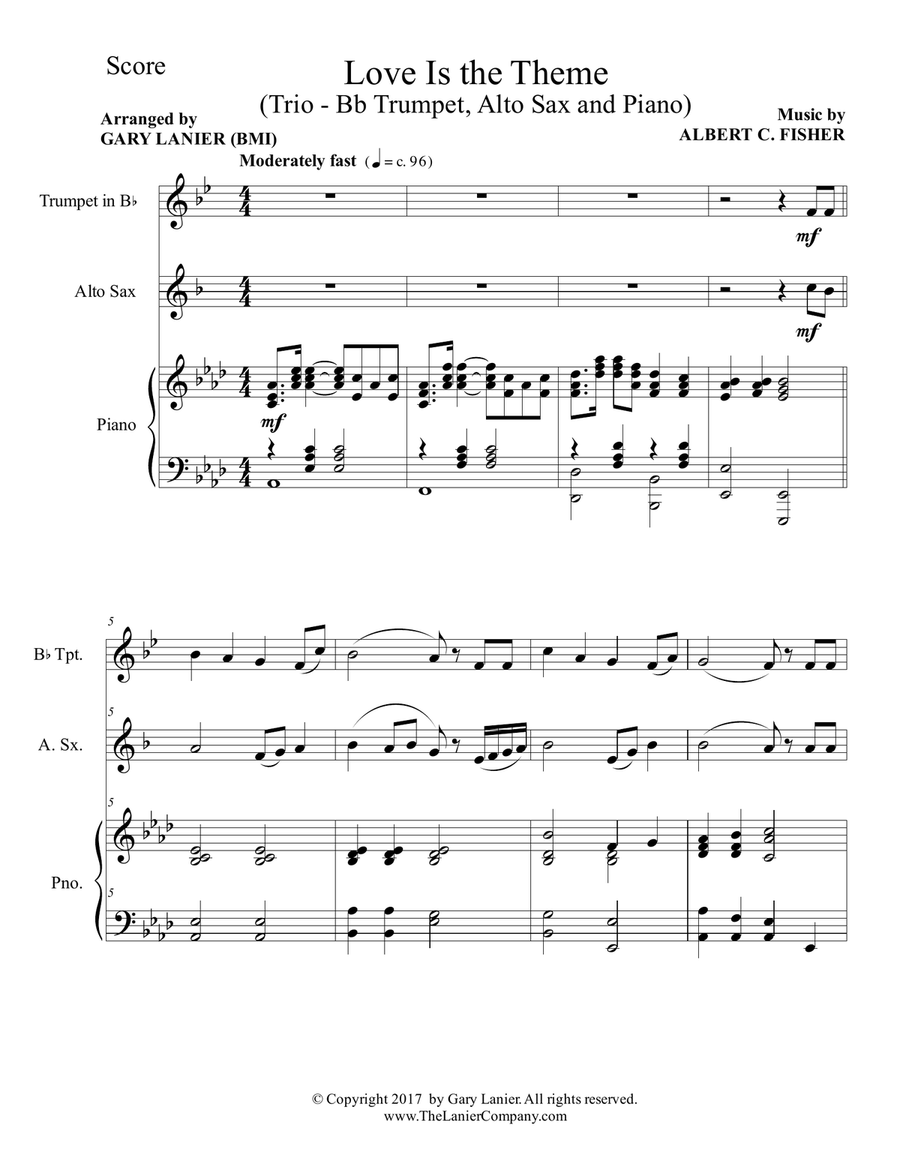 LOVE IS THE THEME (Trio – Bb Trumpet, Alto Sax & Piano with Score/Parts) Alto Saxophone scores gallery preview page 2