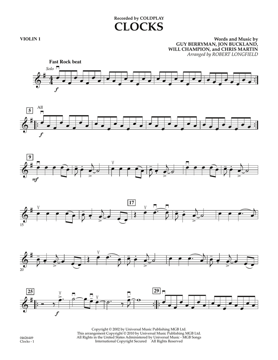 Clocks - Violin 1 Orchestra scores gallery preview page 1