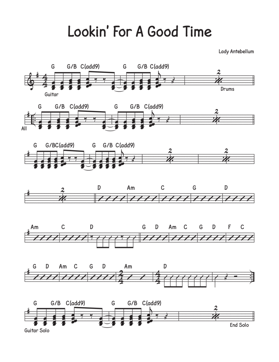 Lookin' For A Good Time Lookin' For A Good Time Piano, Vocal, Guitar scores gallery preview page 1