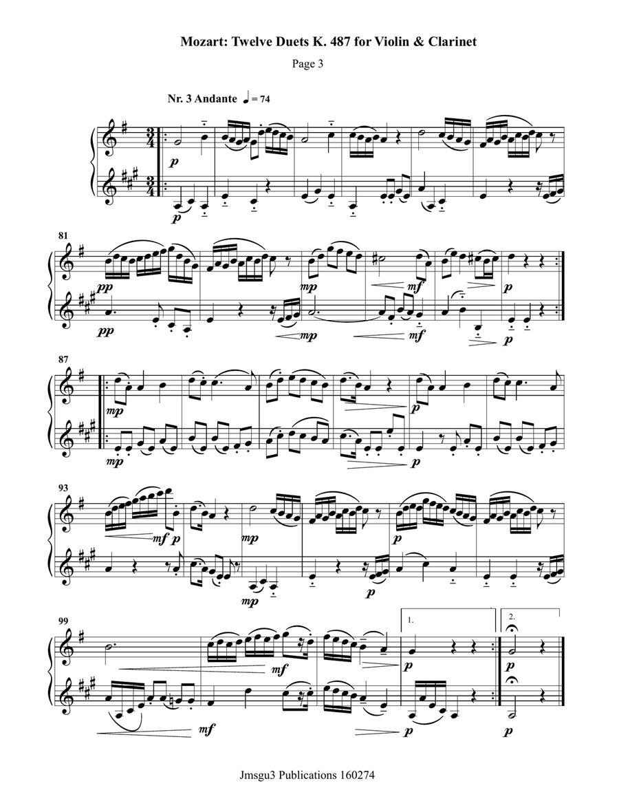 Mozart: Twelve Duets K. 487 for Violin & Clarinet Clarinet scores gallery preview page 3