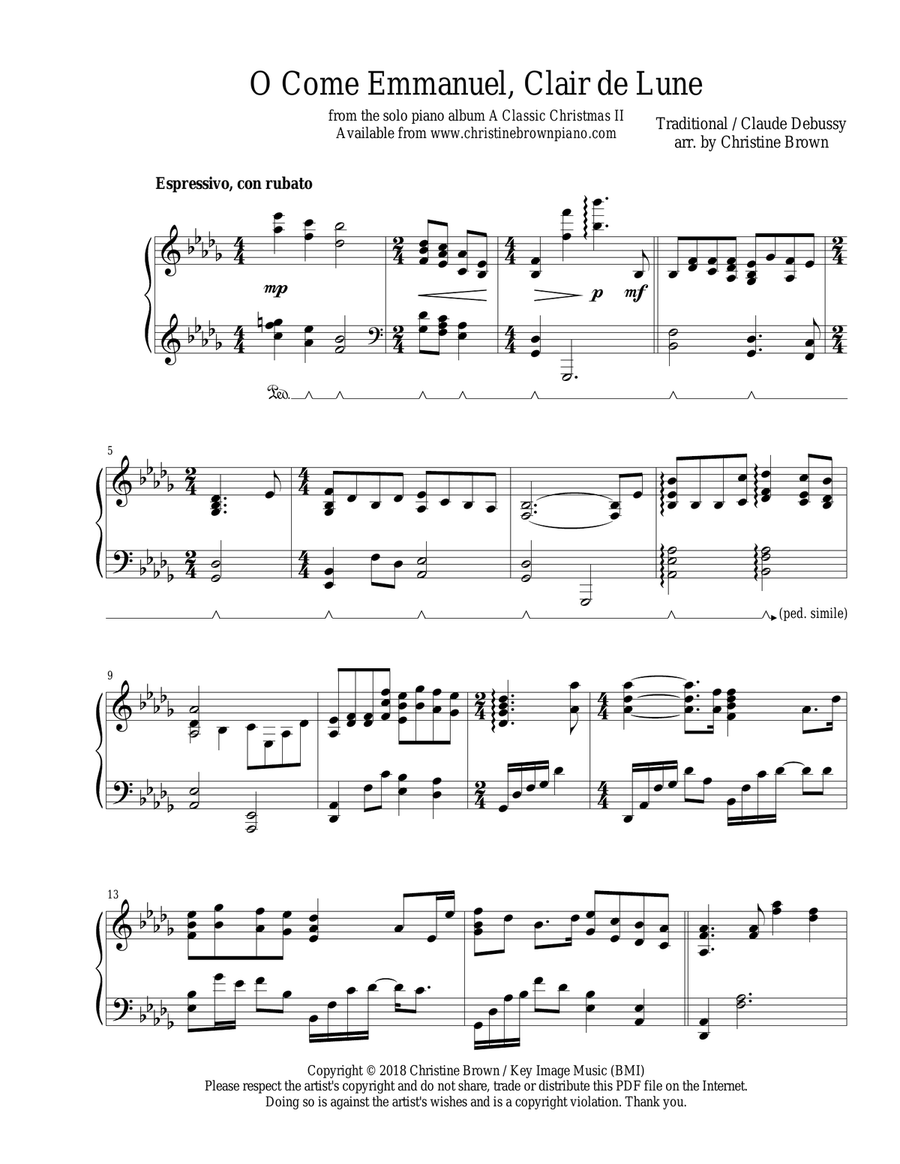 O Come Emmanuel / Clair de Lune Piano Solo scores gallery preview page 1