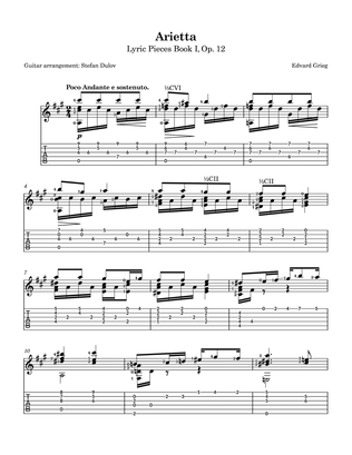 Book cover for Arietta, Lyric Pieces Book 1, Op. 12, guitar arrangement