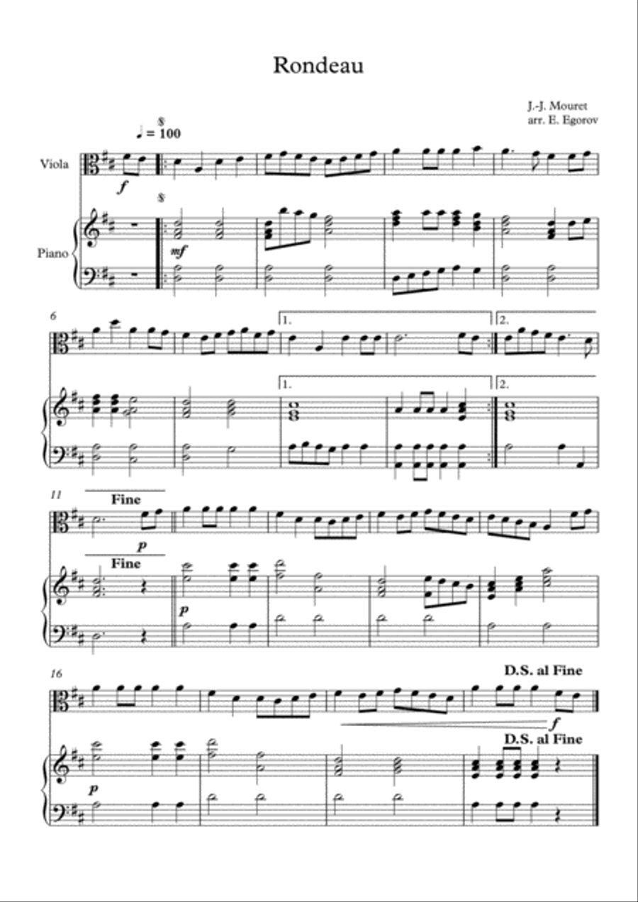 Rondeau, Jean-Joseph Mouret, For Viola & Piano Viola scores gallery preview page 1