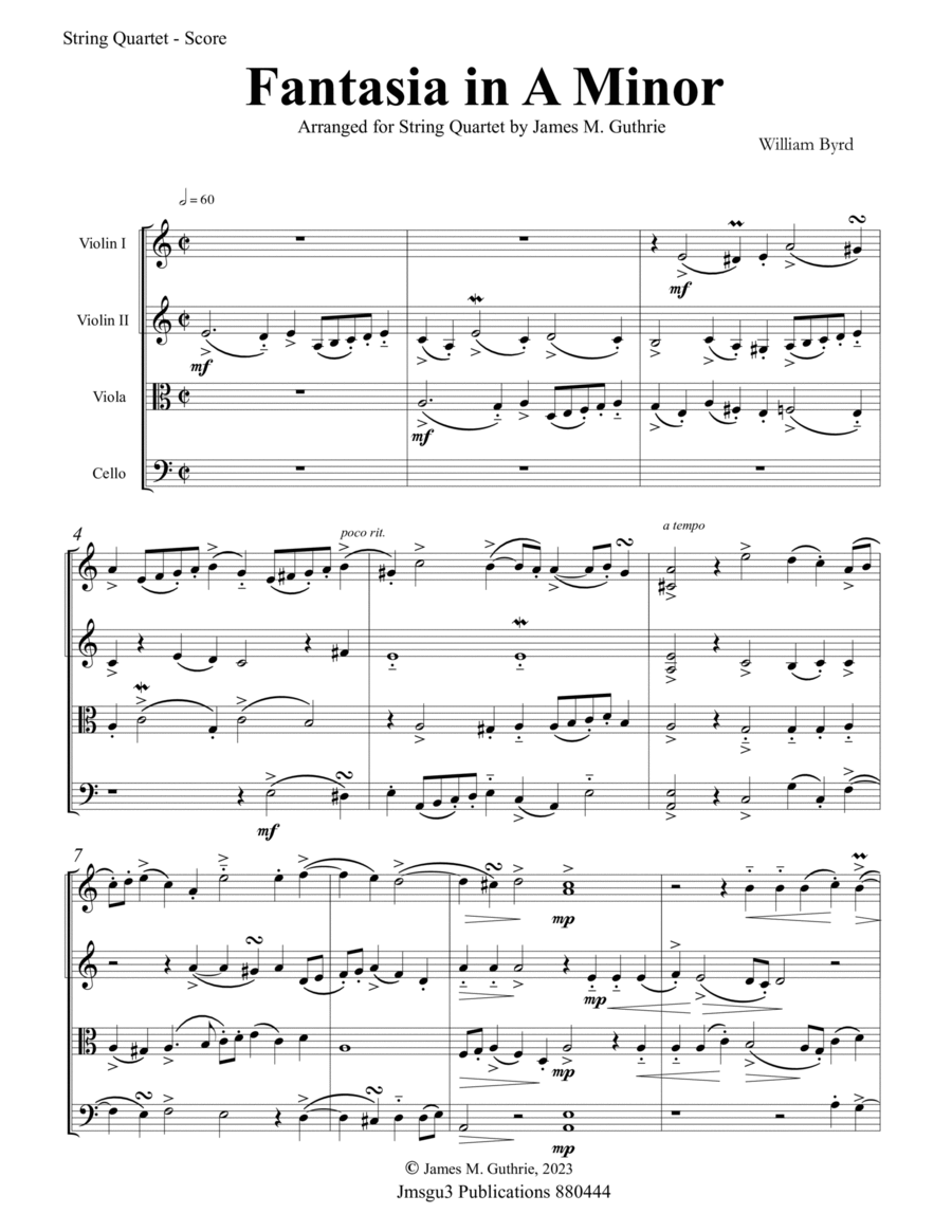Byrd: Fantasia in A Minor for String Quartet - Score Only image number null