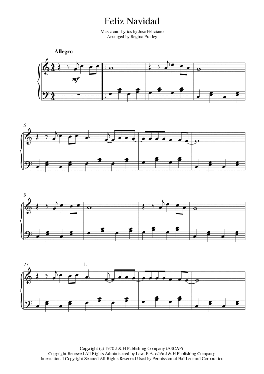 Feliz Navidad Easy Piano scores gallery preview page 1