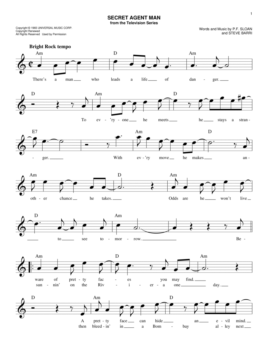 Secret Agent Man Secret Agent Man Piano scores gallery preview page 1