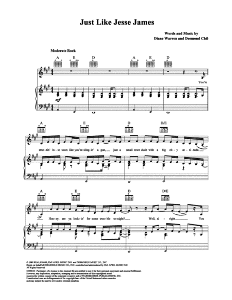 Just Like Jesse James Piano, Vocal, Guitar scores gallery preview page 1
