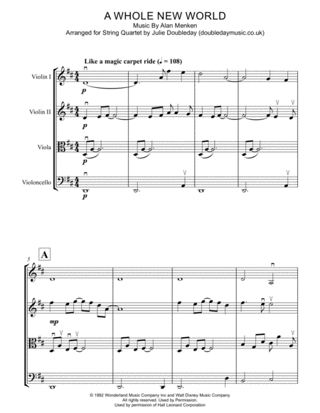 A Whole New World for String Quartet - Score and Parts