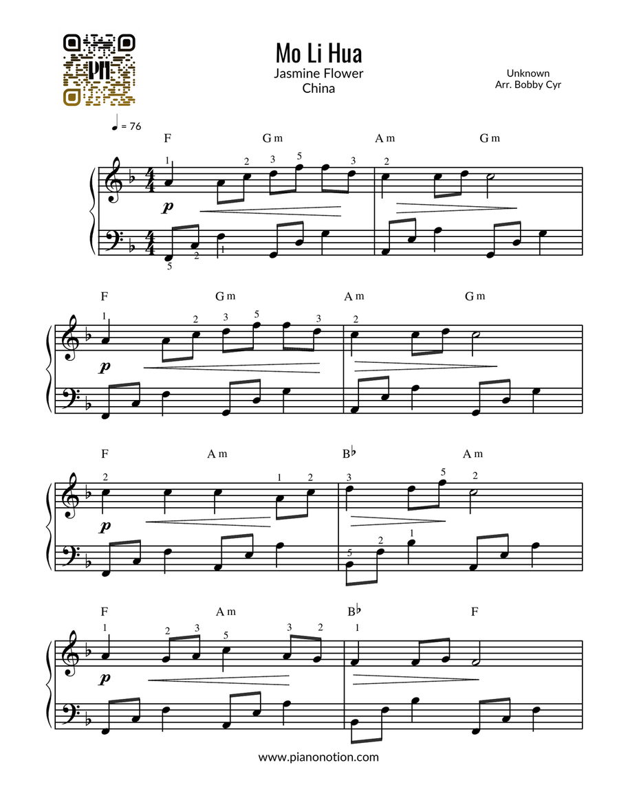 Mo Li Hua - Jasmine Flower - 茉莉花 - (Easy Piano Solo) Easy Piano scores gallery preview page 1