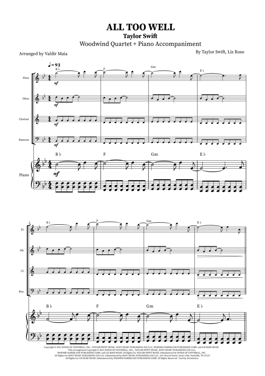 All Too Well Woodwind Quartet scores gallery preview page 1
