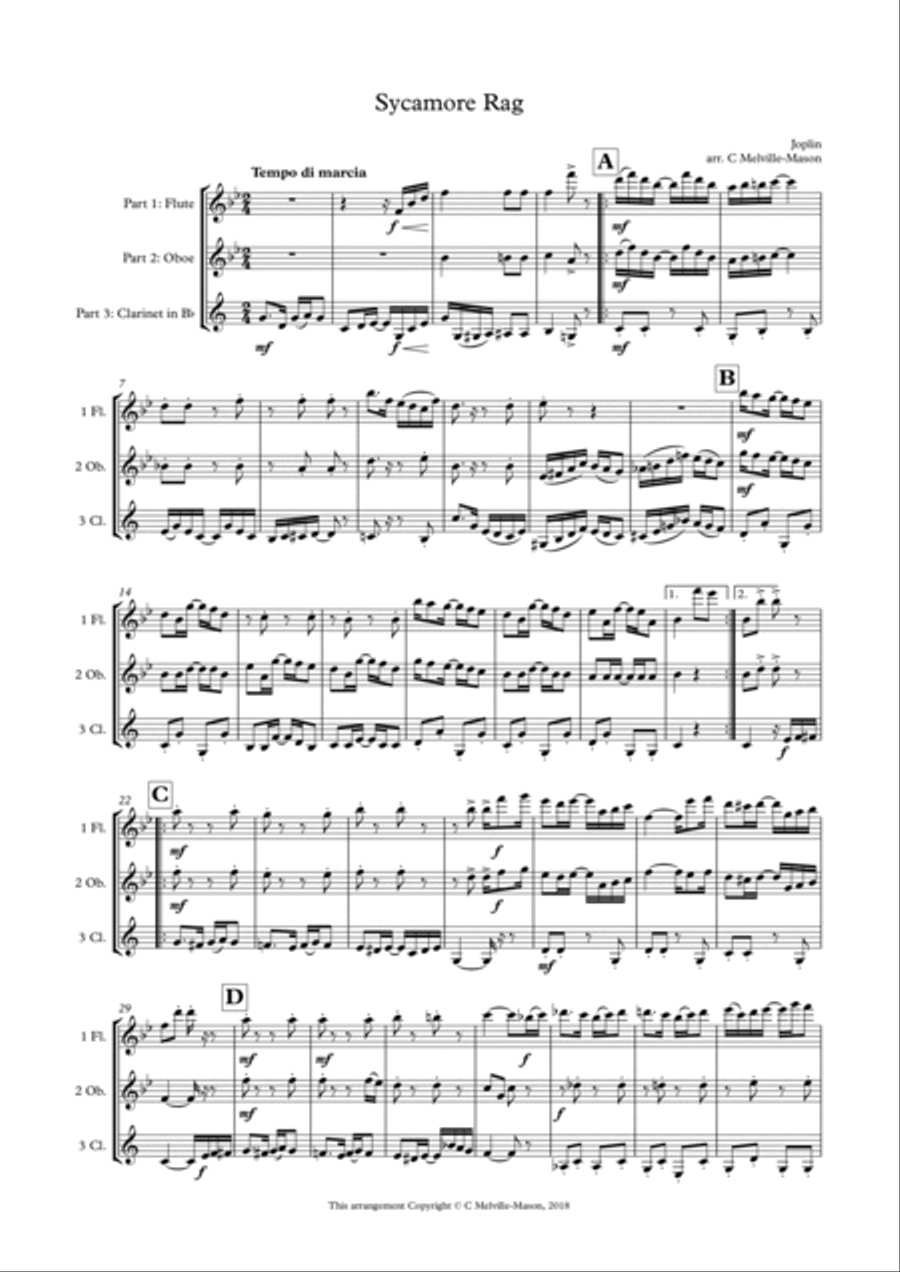 Sycamore Rag (flute, oboe, clarinet trio) Clarinet Trio scores gallery preview page 2