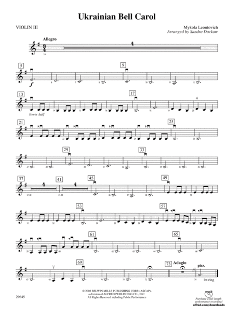 Ukranian Bell Carol: 3rd Violin (Viola [TC]) String Orchestra scores gallery preview page 1