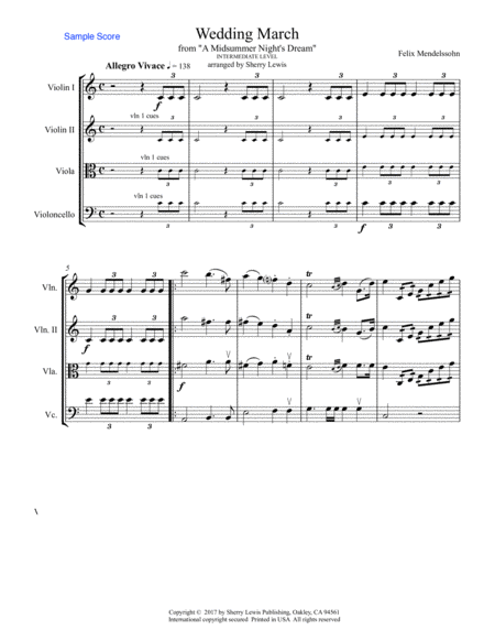 WEDDING MARCH by Mendelssohn, String Quartet, Intermediate Level for 2 violins, viola and cello image number null
