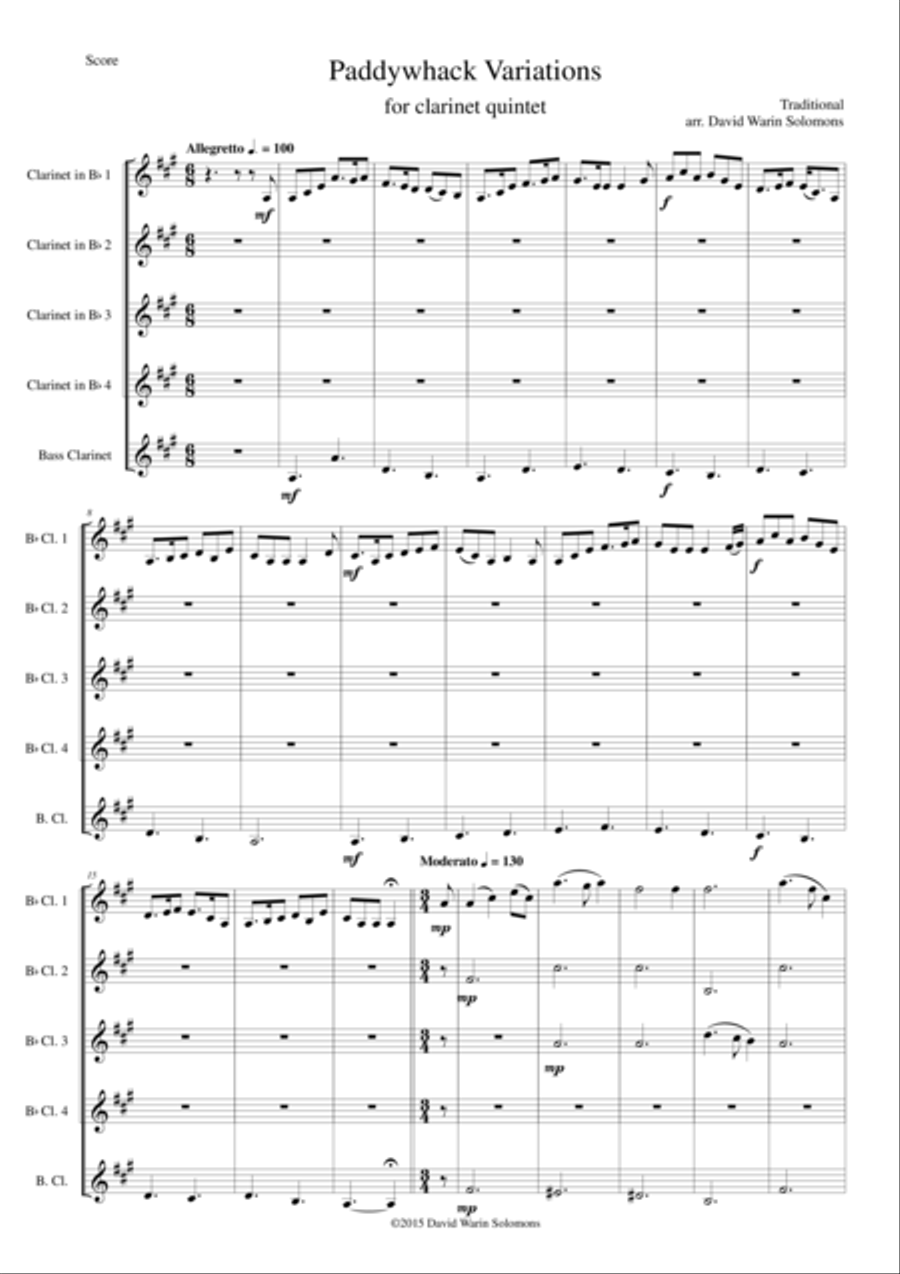 Paddywhack Variations for clarinet quintet Clarinet Quintet scores gallery preview page 1