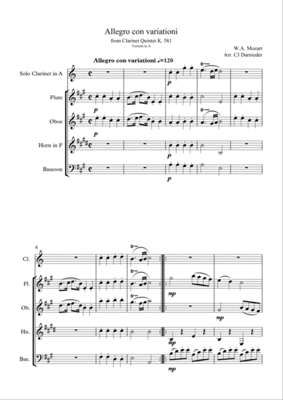 Clarinet Quintet K. 581 - Allegro con variationi (Full Score and Parts) Clarinet Quintet scores gallery preview page 2