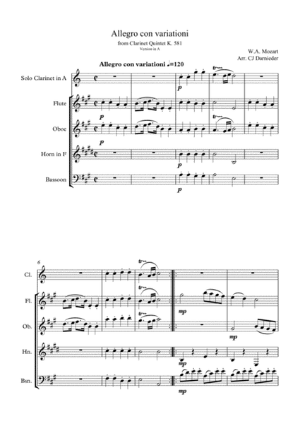 Clarinet Quintet K. 581 - Allegro con variationi (Full Score and Parts) image number null
