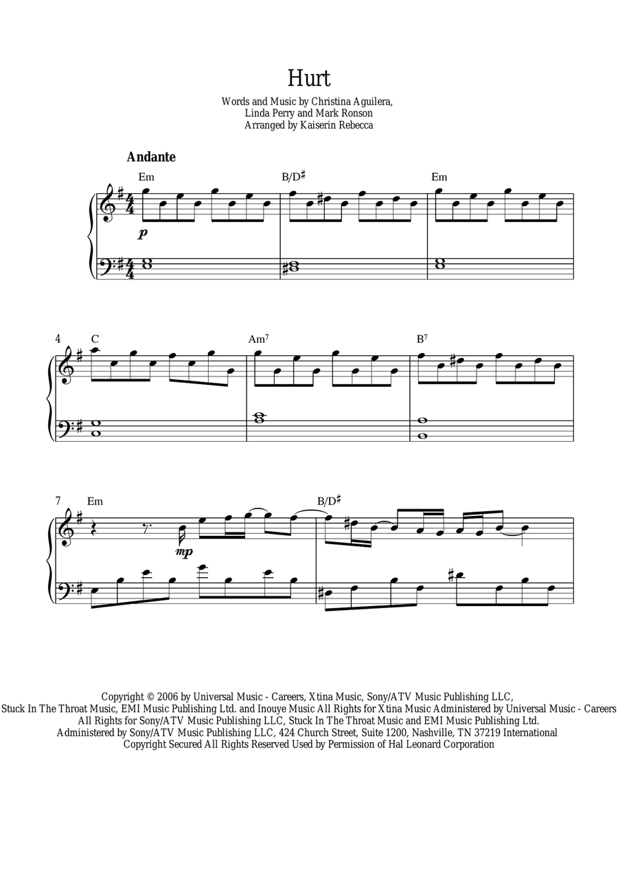 Hurt Piano Solo scores gallery preview page 1