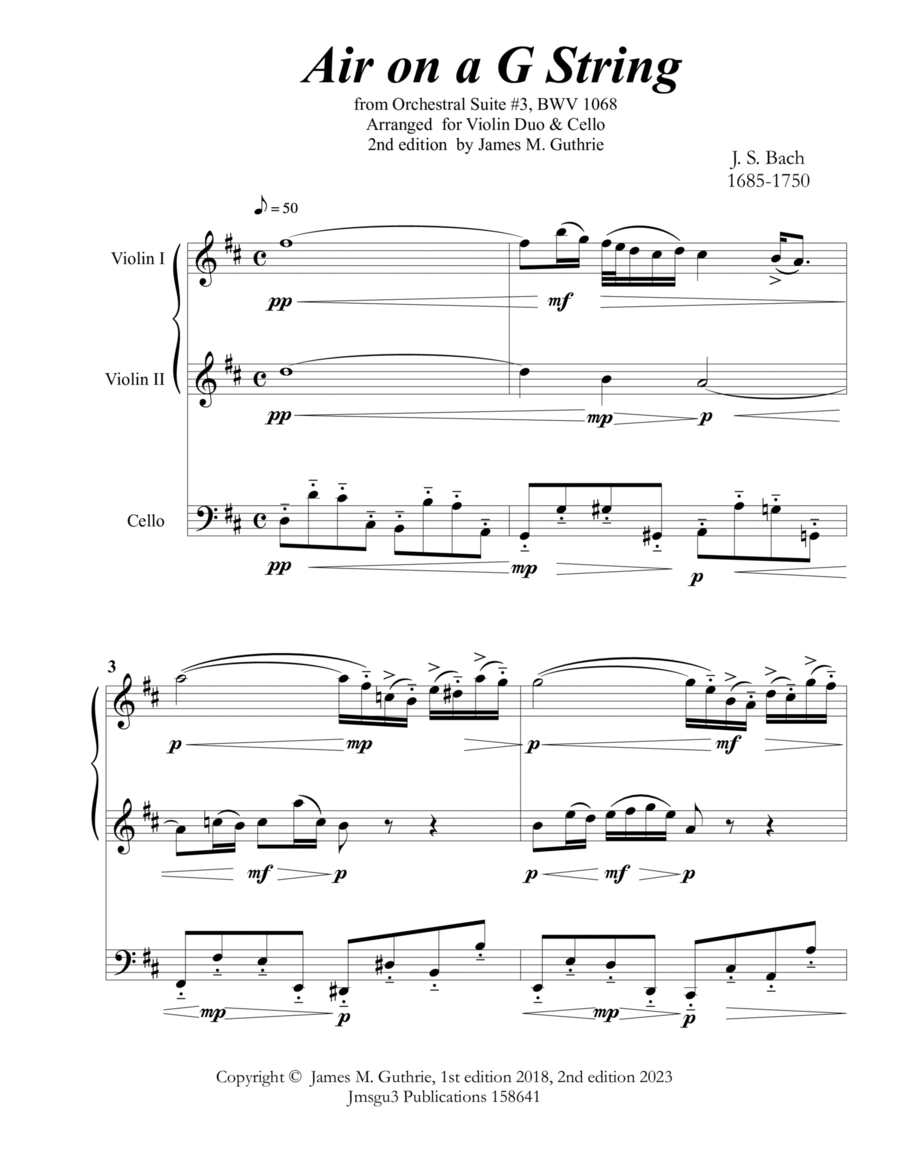 Bach: Air on a G String for 2 Violins & Cello Cello scores gallery preview page 1