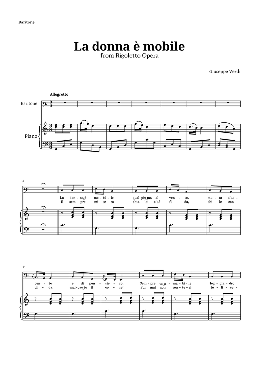 La donna è mobile in C major for Baritone and Piano Piano, Vocal scores gallery preview page 1