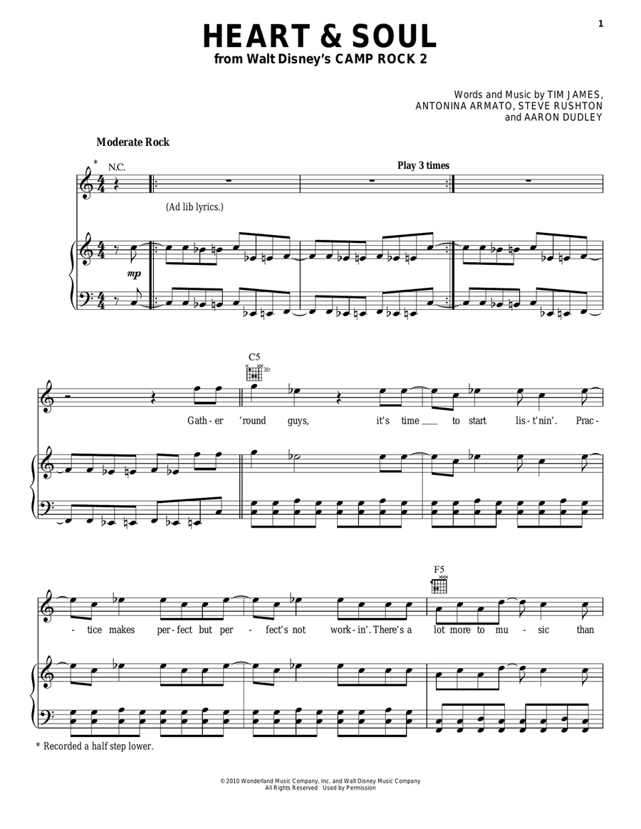 Heart And Soul (from Camp Rock 2) Piano, Vocal, Guitar scores gallery preview page 1