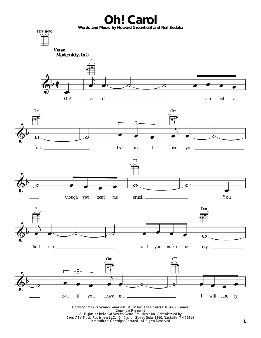 Oh! Carol Oh! Carol Ukulele scores gallery preview page 1