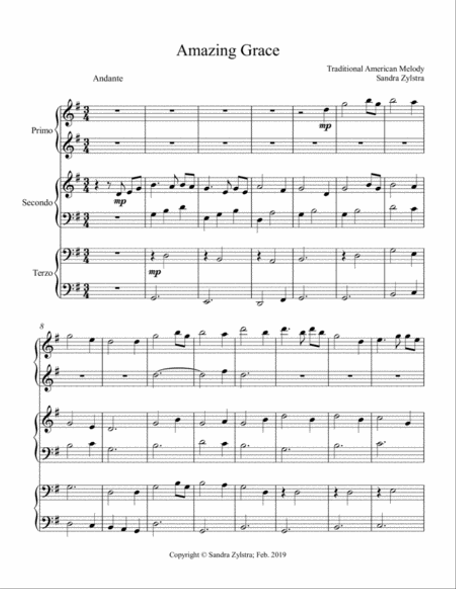 Amazing Grace (1 piano, 6 hands trio) Piano Trio scores gallery preview page 2